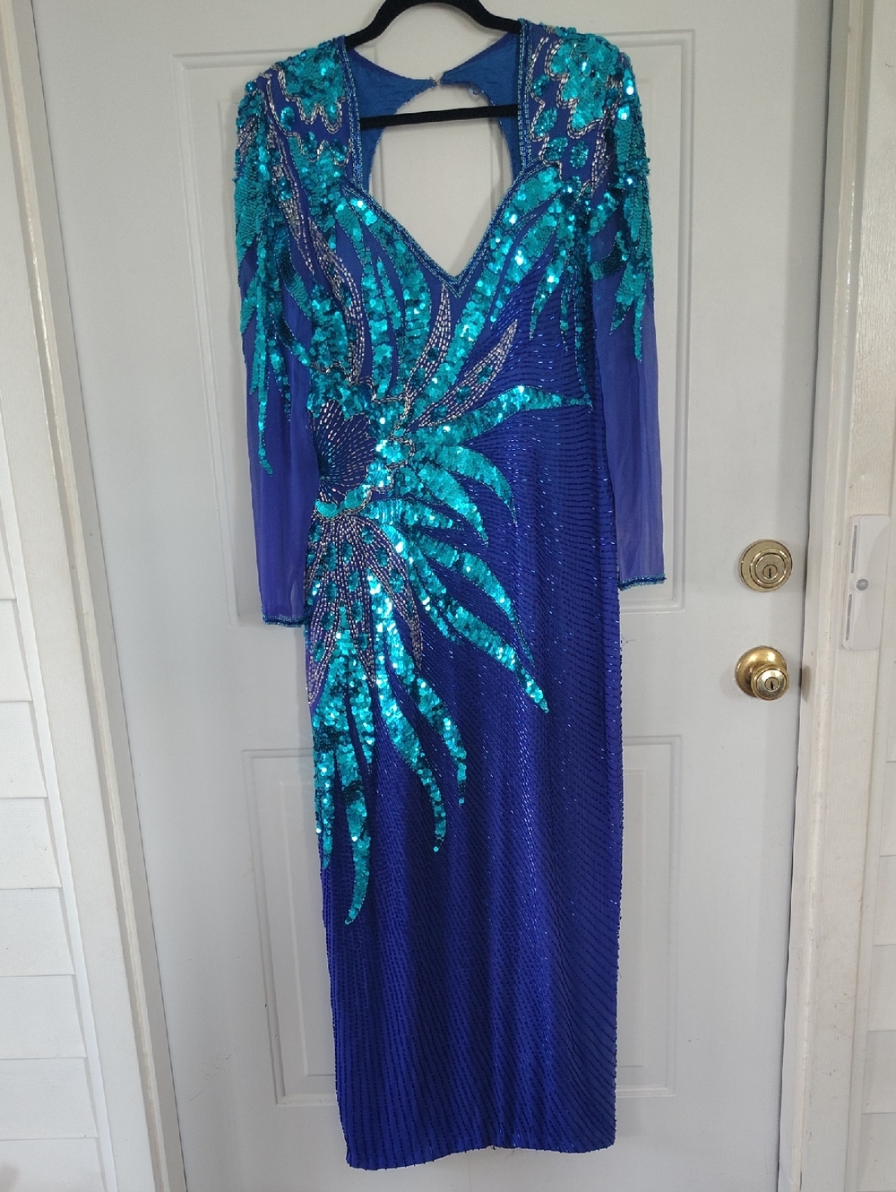 Showstopper VTG Blue Sequin Evening Gown with Teal Embellishment